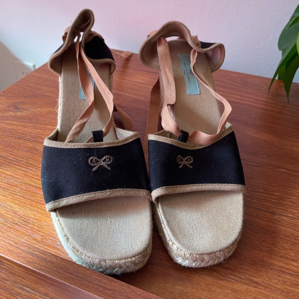 Anya Hindmarch Black and Tan Espadrilles with Rope Soles and Bow